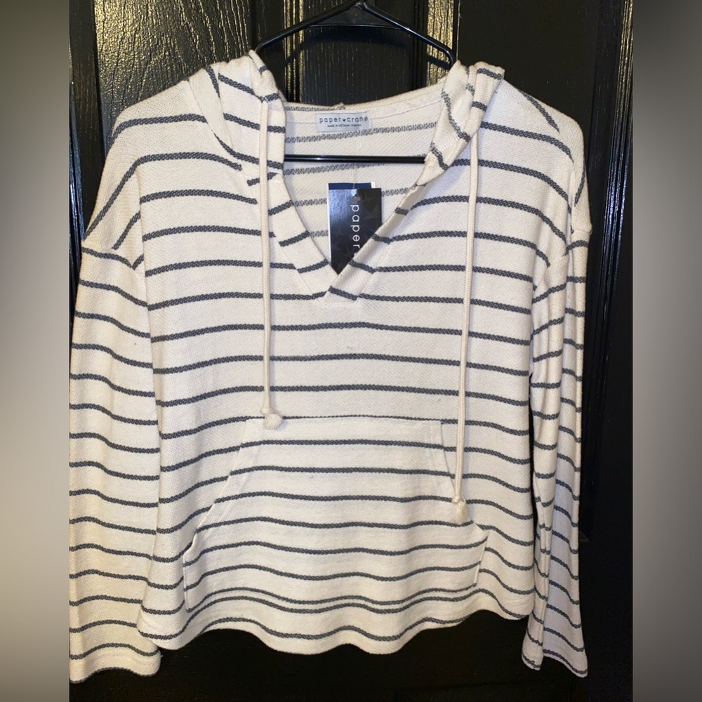 Paper Crane brand. White/grey striped hooded pull over sweater.